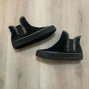 Stuart Weitzman Black Ankle Boots with Gray Fur Trim